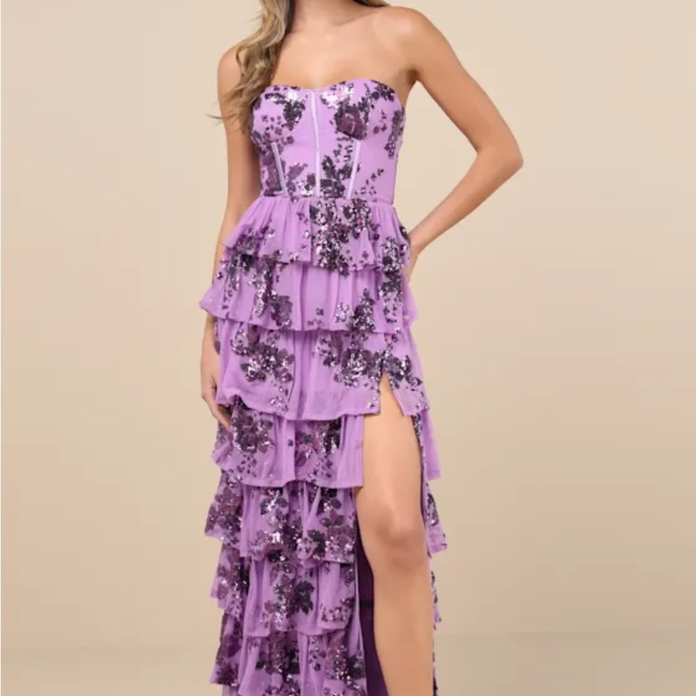 Lulu's Purple Strapless Tiered Gown